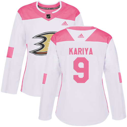 Adidas Ducks #9 Paul Kariya White/Pink Authentic Fashion Women's Stitched NHL Jersey - Click Image to Close